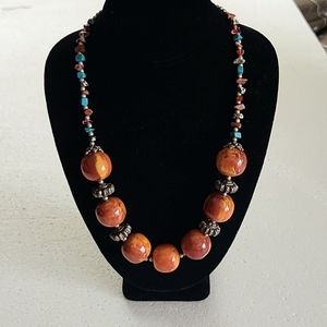 Beaded Necklace w/ Simulated Beeswax and Turquoise Stones